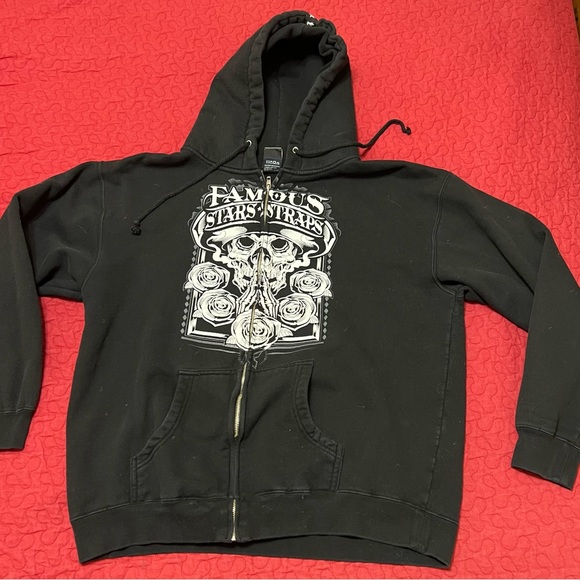 Famous stars*straps white rose skull front zip hoodie - Picture 2 of 9